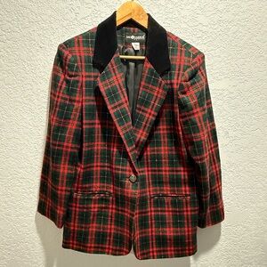 Sag Harbor Wool Blazer Womens 10P Red Tartan Plaid Christmas Holidays Office 90s